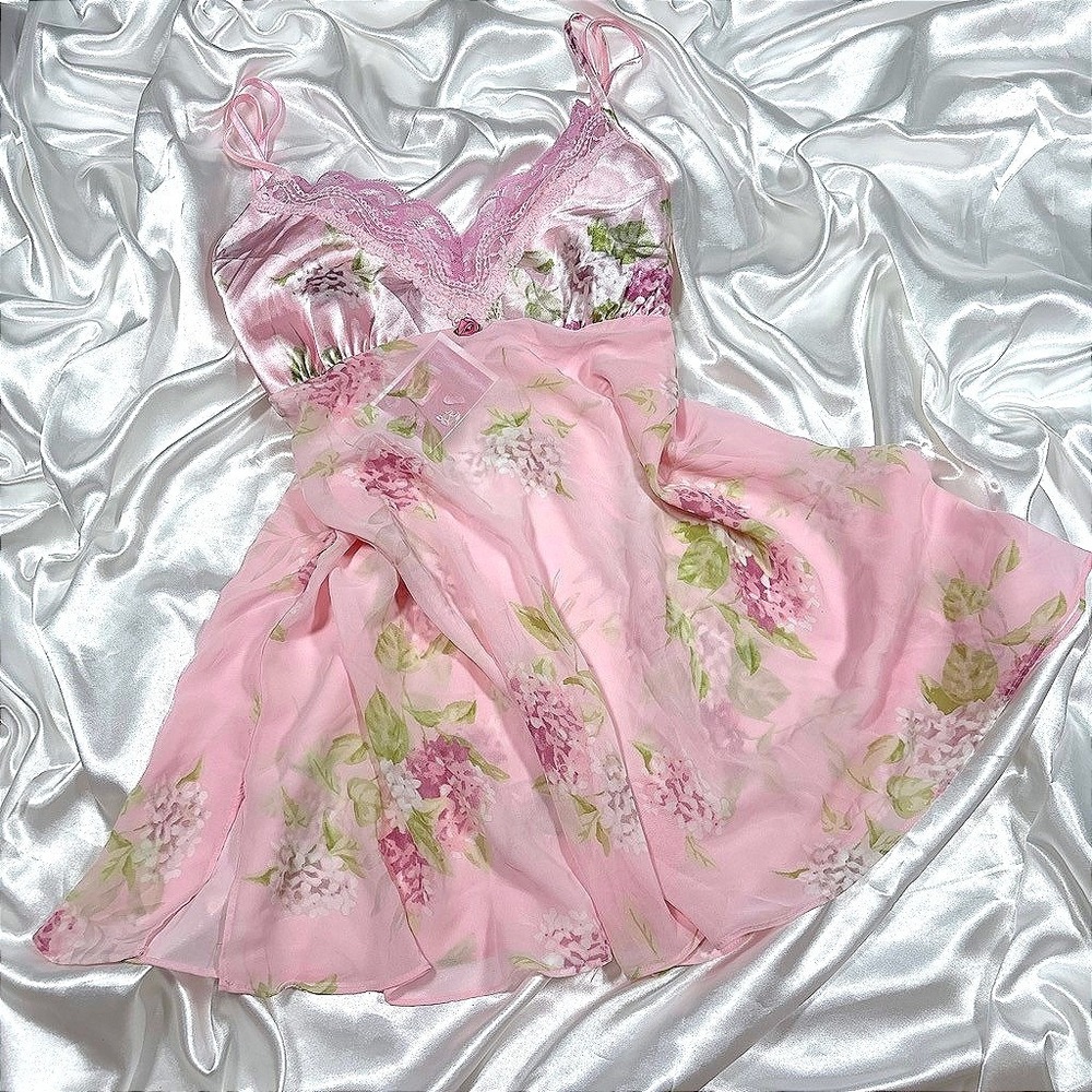 y2k Secret Treasures Babydoll Chemise Pink Floral Lace Chiffon Sleepwear M